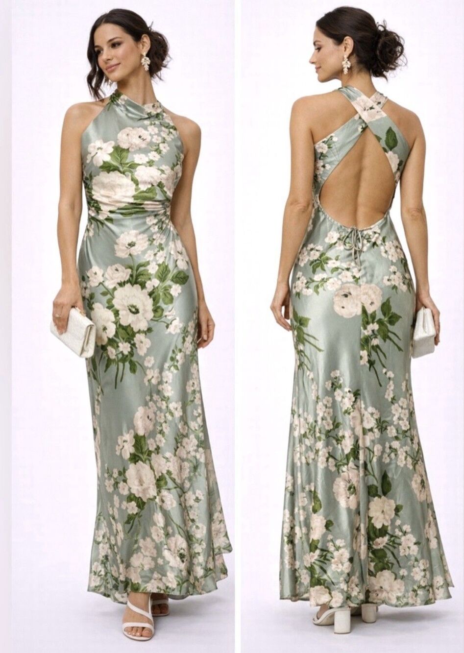 Reformation Anaiis Silk Dress Tarragon Floral Green Open Back High Neck Size 4